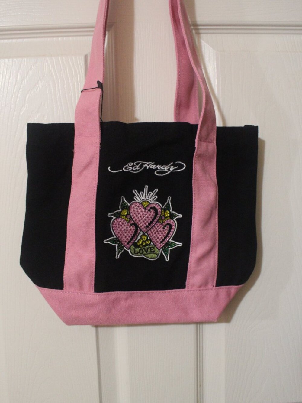 Ed Hardy Black & Pink Rhinestone Heart Love Canvas Tote